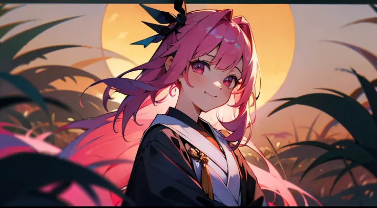 grass field，the sunset，Long pink hair，Pink eyes，校服，of laughter，8K分辨率