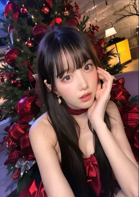 Araffe woman dressed in red sitting in front of a Christmas tree, Nicha Yontararak, Nicha Yontararak de (G)I-DLE, ulzzang, con flequillo, con flequillo completo, Jossi de Blackpink, portrait of Nicha Yontararak of (G)I-DLE, she has black hair con flequillo...