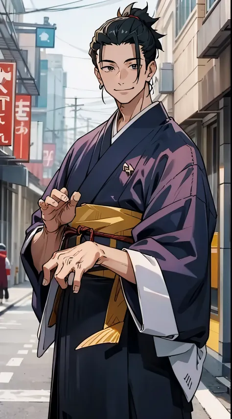 geto suguru, in front of the store, ultra hd picture, perfect fingers, geto suguru kimono, perfect hands, smiling, 20 years old ...