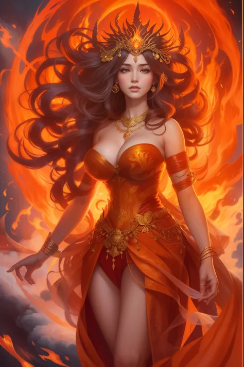 Gorgeous goddess of fire, (Float on fiery orange clouds); Perfect hair, perfect full lips, Delicate and perfect body, Her body was flawless, Amazing galactic garden, Background of flames, Floating on the clouds, Highly stylized features; (full bodyesbian),...