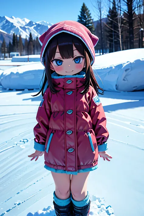 girl jumping into snow field、A smile、Warm clothing、Ski Wear、Its snowing、sleeping face down on the snow floor