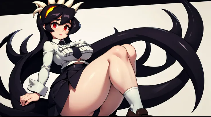 Filia, black hair, detailed eyes, black pupils, white shirt, black tiny tie, black skirt, black socks, brown shoes, white panties, huge boobs, tiny waist, large ass, large thighs, big cheeks,