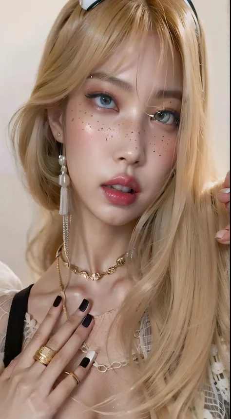 Mujer rubia con pecas y piercings posando para una foto, Lalisa Manobal, Cabello largo y rubio y ojos grandes, ulzzang, Cabello largo y blanco y flequillo, long cabello rubio y ojos grandes, Retrato de Kim Petras, Ava Max, Lalisa Manoban de Blackpink, cabe...