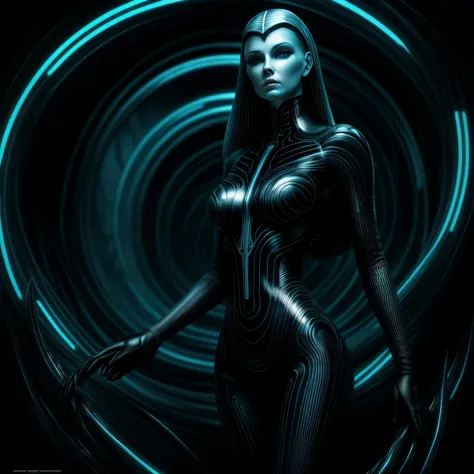 __hr_giger_art___flowing_contours biomechaical__airbrush___strange__eerie__fashion_magazine_cover__art_deco_border___porcelain_and_platinum / A futuristic looking woman with porcelain skin / dark mood lighting. TRON