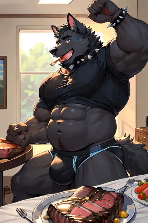 ((by NOMMZ)) male, anthro black wolf ((black character with blue and white fur details)), sitting on bed (looking up), (((eating a large big steak ((holding large steak with one hand)))), focus on belly ((focus on belly)), wearing spiked collar (wearing bl...