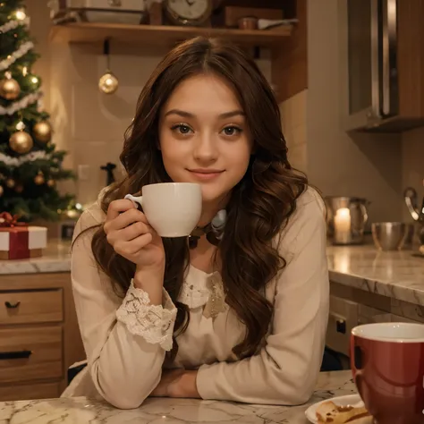 Photograph of a beautiful woman, latina, joven con parecido a Dakota Fanning, brown-hair, ropa elegante, sipping coffee, en una cocina, there is a christmas tree behind, foto alegre