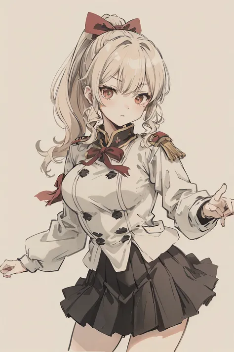 sparrow, a blonde haired girl, wearing a winter military uniform, curly medium hair, black skirt, winter red military uniform, slim body, serious face, ponytail, medium breasts, she close her left eye, shirt ornament,  hair ribbon, loli