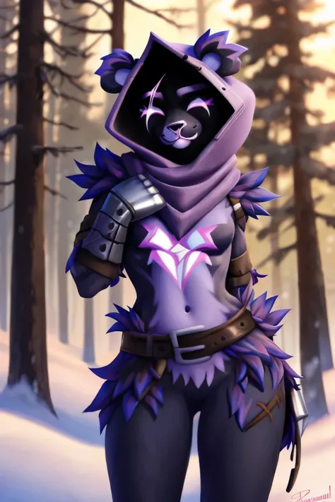 Raven Team Leader, 1girl, purple hood, animal ears, shaded face, purple skin, scar on eye, (furry), (body fur:1.2), purple fur, belt, straps, :3, torso symbol, metal gloves, upper body, outdoors background, closed eyes,  christmas, Christmas tree, snow fal...