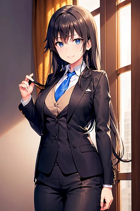 Yukinoshita yukino ,woman in formal attractive tailcoat standing in a large alcove in the room , 1girl, solo, blue necktie, black hair, blue eyes, long hair, smile , collared shirt, white pants, white shirt , tailored tailcoat elegant , standing in front o...
