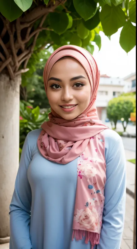 RAW, Best quality, high resolution, masterpiece: 1.3), beautiful Malay woman in hijab,Masterpiece, perfect  fit body, ((Huge breast)), biggorgeous eyes, Soft smile,muslim woman in a floral dress and hijab posing for a picture, hijab, with lovely look, with...