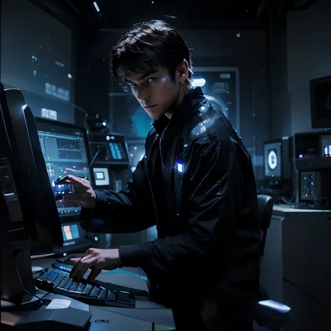 a handsome young man，Controlling computers like the master of the universe，and computers displaying all kinds of software in the universe，There are cosmic stars in the background，Tech Style。