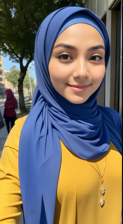 RAW, Best quality, high resolution, masterpiece: 1.3), beautiful Malay woman in hijab,Masterpiece, perfect  fit body, ((Huge breast)), biggorgeous eyes, Soft smile,muslim woman in a plain long sleeve shirt and hijab posing for a picture, hijab, with lovely...