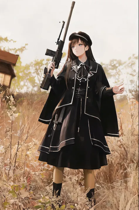 arafed woman in a black dress holding a gun in a field, astral witch clothes, witchcore clothes, loose coat collar sailor uniform, wearing modern gothic clothes, gothic clothes, gothic coat, black gothic lolita dress, detailed gothic cloak, victorian gothi...