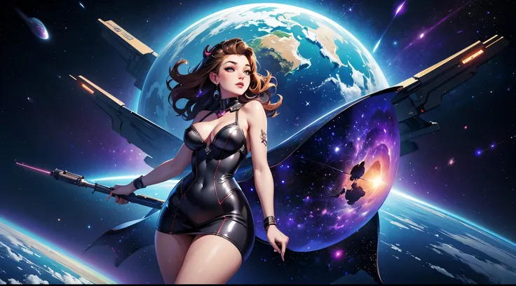 masterpiece, highest quality, (very detailed), (1woman), ((pinup model)), sexy, revealing clothing, floating in space, 1planet, stars, (vivid colors), nebula, space dust, sci fi, space