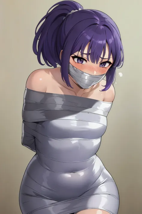 1girl, mummified, gagged, silver duct tape, off shoulder, bending over, arms behind back, purple hair, short hair, bangs, ponyta...