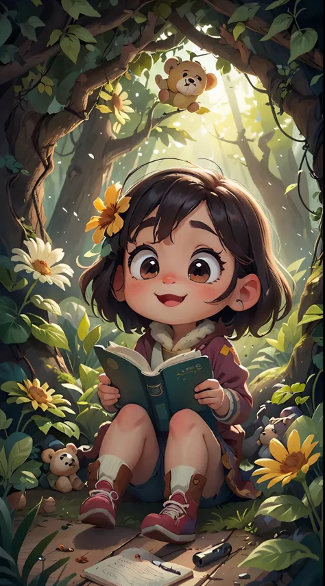 A cute teddy bear，Read a book in the forest，close up, Pixar cinematic style, Best quality, cinematic Film still from, extreamly cute, largeeyes, Eyes are bright, Birds and flowers around, Flowers bloom outside the cave, with her mouth open, Happy，