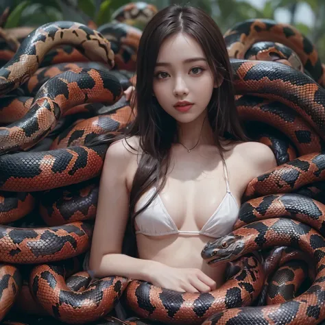 Beautiful girl buried in a red snake