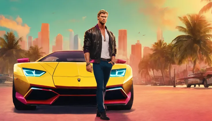 A photorealistic portrait of Chris Hemsworth, styled in a Miami Vice-inspired look, captured by Austin English in his signature minimalist style. Hemsworth wears a cobalt white button-down shirt and matching bomber jacket, the color echoing the Miami sky b...