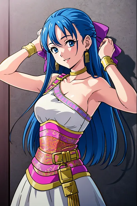 Armpit show,flora (DQ5),Long hair,half updo,pink bows,earrings,Choker,(Dress:1.2),corsets,(Belt bag:1.2),手链,Skirt,white thighhig,shoes, 1girl in, Solo, Upper body, face to the viewer, Looking at Viewer, Smile,