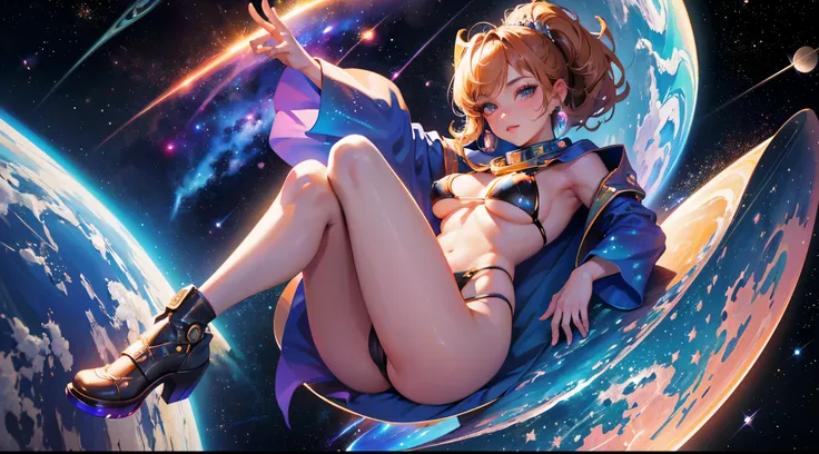 masterpiece, highest quality, (very detailed), the most beautiful artwork in the world, (1woman), pinup model, sexy, micro bikini, camel toe, floating in space, 1planet, stars, (vivid colors), nebula, space dust, sci fi, space