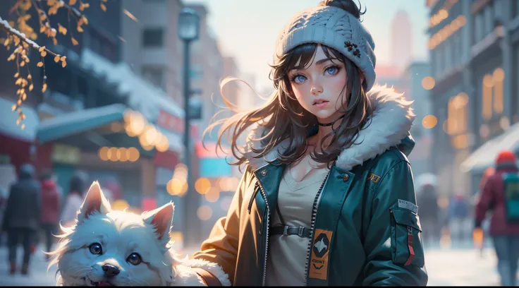 full body portrait of a photo realistic beautiful girl, 1 girl, facing forward, waifu, flowing hair, short modern winter clothing, big beautiful flirtateous open eyes, standing straight, cinematic lighting, winter snow holiday setting, highly detailed, dig...