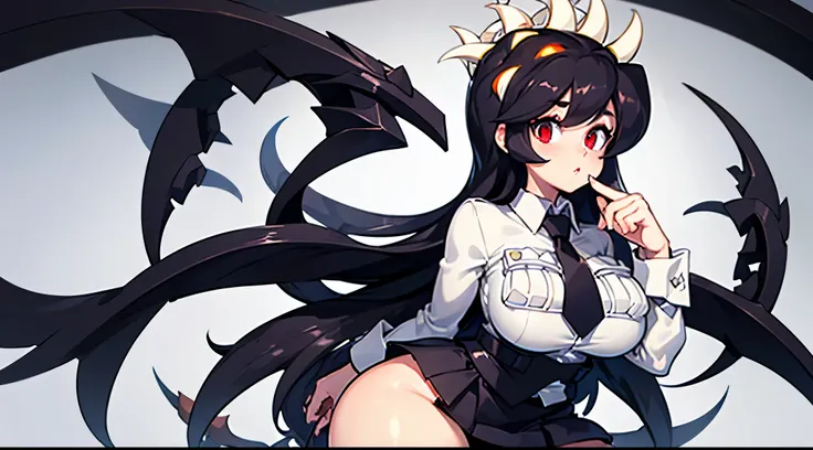 Filia, black hair, detailed eyes, black pupils, white shirt, black tiny tie, black skirt, black socks, brown shoes, white panties, huge boobs, tiny waist, large ass, large thighs, big cheeks,