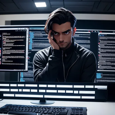 A male programmer developing a software coding Cinematic photo obsessive man on the computer stalking social media details, ultra 8k