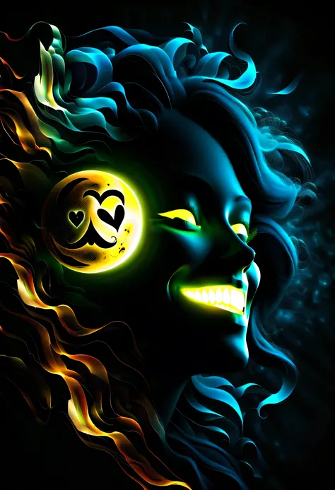 (smiling silhouette woman:1.3), Double exposure effect, ceremonial painting, background secret heart, tarot frame, glow edging, Howling in the background of the moon wolf, darkest landscape, digital matrix realism, Digital painting with intricate details, ...