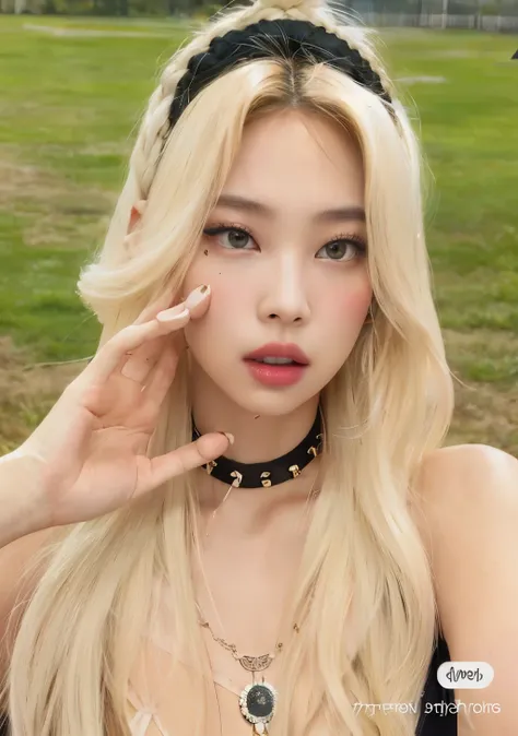 a Close up of a woman with a choke and a necklace, Ava Max, Chica perfecta de pelo blanco, Retrato de Kim Petras, Parque Roseanne de Blackpink, con pelo largo blanco, con el pelo largo y blanco, Hermosa Delphine, extremely pale blond hair, Lalisa Manobal, ...