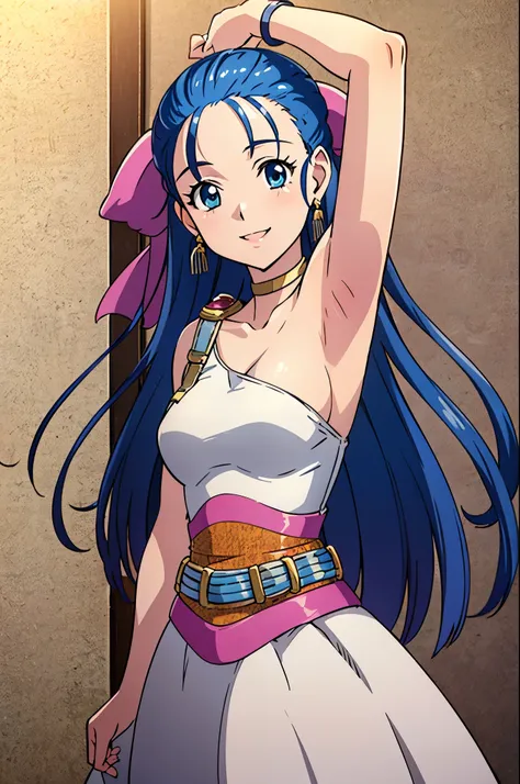 fullnude,Armpit show,flora (DQ5),Long hair,half updo,pink bows,earrings,Choker,(Dress:1.2),corsets,(Belt bag:1.2),手链,Skirt,white thighhig,shoes, 1girl in, Solo, Upper body, face to the viewer, Looking at Viewer, Smile,