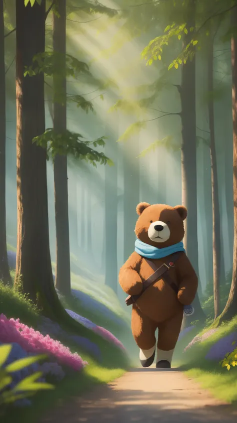 On a bright morning, with the sun shining, our main character, Little Bear Billy, stands by the edge of a beautiful forest, surrounded by lush green trees and colorful flowers. --auto --s2