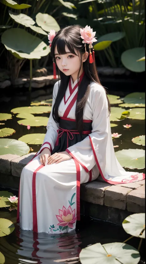 absurdos, Altas, ultra detalhado, (1girl:1.3), Hand drawn, linha simples, 16yo girl in colorful Chinese Hanfu, menina sexy com orelhas de raposa, In the lotus pond, master part, sitting in the water, roupas flutuantes, cabelos flutuantes