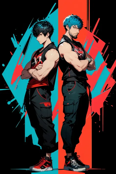 two characters, both facing each other, in fighting stances dojo background, with persona 5 game artsyle, first charactera muscu...