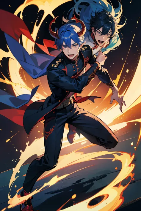 (Best Quality)), ((masutepiece)), Perfect face,1 male,20代の男性,twinks,full body seen,cool,dynamic ungle,smart,Adults,Dragons horns on the head,darkblue hair,Show fangs,sharp claws,