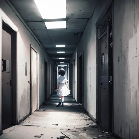 a little girl walking alone down a white hallway, dim light, terrifying atmosphere, terror, fear, dim light, abandoned hospital