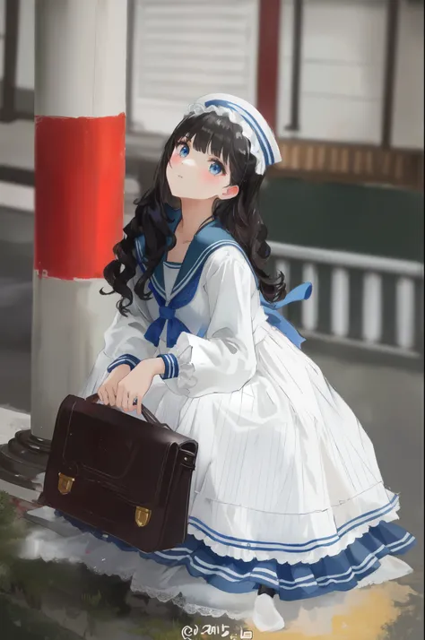 (painting:1.3), (blurry:1.3), (blurry drawing:1.3), araffe dressed in a sailor outfit sitting on a post, loose coat collar sailor uniform, sailor uniform, sailor clothing, lolita style, lolita fashion, kantai collection style, anime girl , japanese girl sc...