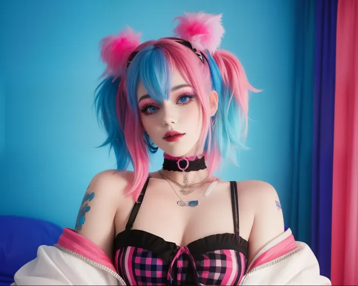 egirl as harlequin, pinkand blue hair wearing a choker bedroom in the background, synthwave color palette, trending on artstatio...