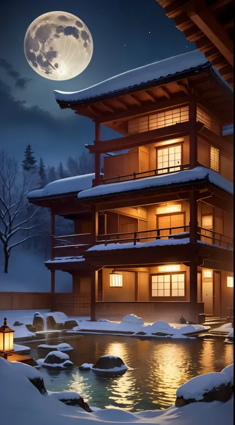 japanese onsen、Open-air bath made of rocks、Large open-air bath、deep in the night、snow covered scenery、The full moon illuminates the open-air bath、Steam is rising from the open-air bath、photo realistic