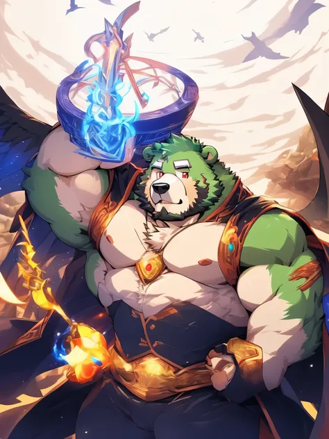 anthro ((bear)), furry, bear, green fur, green hair, ((beard)), male, white eyebrows, red eyes, masterpiece, ((best quality)), c...