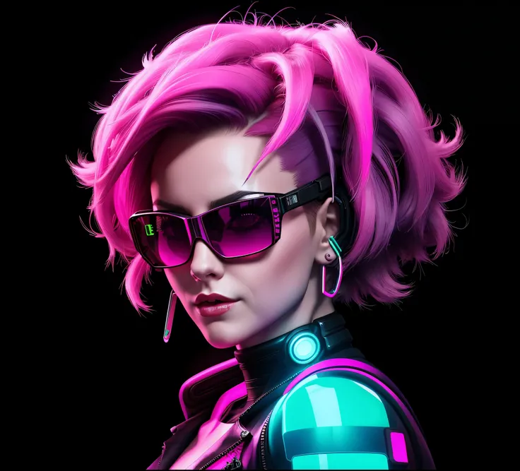 woman with pink hair and sunglasses in a futuristic outfit, cyberpunk vibrant colors, Цвет with Cyberpunk style, cyberpunk artstyle, cyberpunk atmosphere, hyper realistic cyberpunk style, It has a cyberpunk style, with Cyberpunk style, cyberpunk artstyle, ...