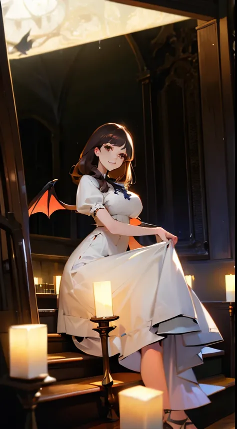 Anime style, better quality possible, dark night full moon, perfect body pale, albine evil gothic vampire woman, dark brown hair, brown eyes, she has open bat wings, wearing very transparent gothic dress, she smile and shows vampires teeth, she is in sta...