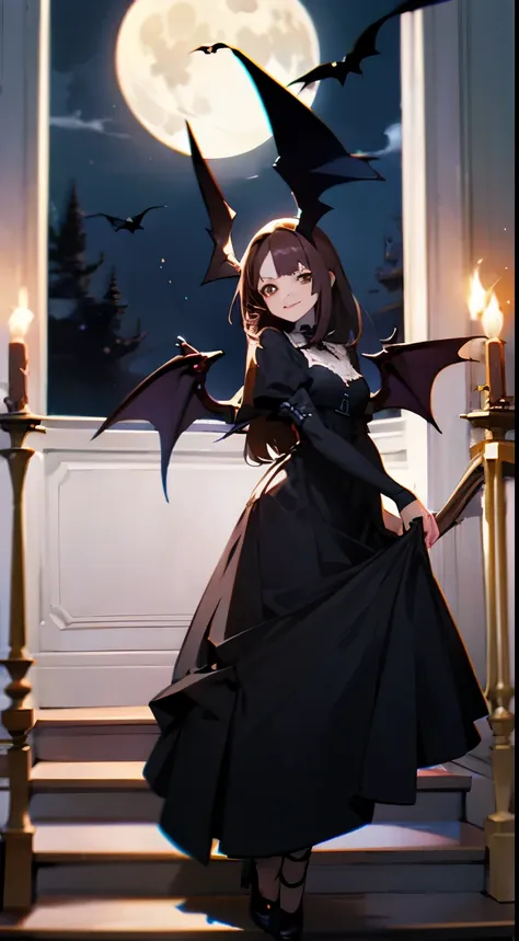 anime style, better quality possible, dark night full moon,  perfect body pale, albine evil gothic  vampire woman, dark brown ha...