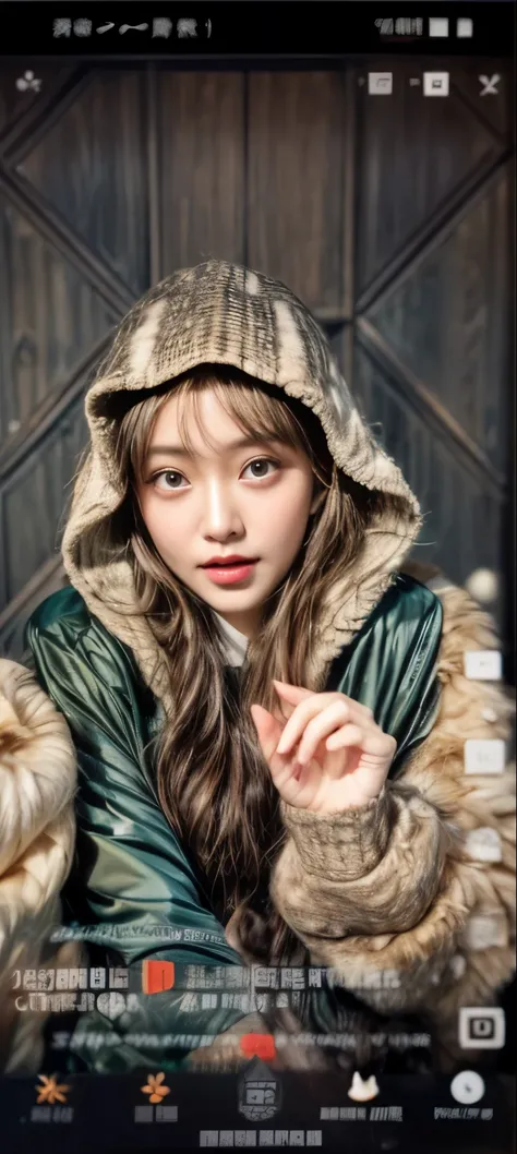 ​masterpiece、8K、32K、top-quality、(A detailed eye)、(A cute Japanese woman、bangss)、23years old、elegent、Christmas、Wearing a hood、Down jacket、Cheerful、heart