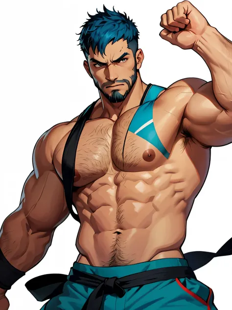 Two characters, both facing each other, in fighting stances Dojo Background, with Persona 5 game Artsyle, First charactera muscular young man with cyan blue hair in a undercut hair and tanktop and cargo pants outfit has a Short Trimmed beard no tatoos bada...