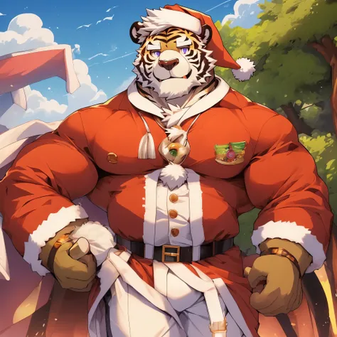 anthro ((tiger)), furry, tiger, golden fur, (white hair:1.5), beard, male, white eyebrows, violet eyes, masterpiece, (no stripes on face:1.5), ((Best quality)), character focus solo, handsome, middle-aged, mature, muscle body, sexy, dilf, full body, (((kos...