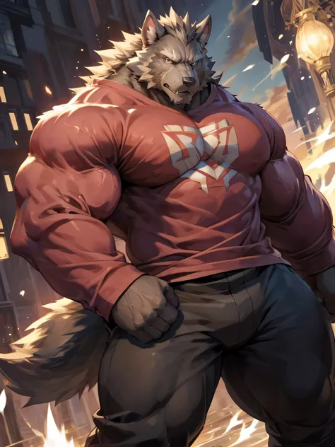 Solo,masutepiece,High quality,(Detailed eyes),Dutch Angle,coyote,Furry male wolf,massive muscles,((long Sleeve T-Shirt)),Long pants,Looking at Viewer,Anime,Dynamic action,null-ghost,by Pino Daeni