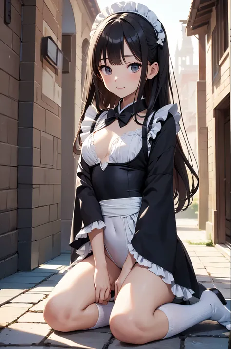 ((4k、8k、top-quality: 1.3、perfect fingers: 1.3、perfect anatomia: 1.3、Background blur))、(Transformation Sequence)、((kimono maid leotard、10yaers old、a beautiful slender girl、a baby face、（straight long hair)))、Beautiful big drooping eyes、Blushing smile、Fractal...