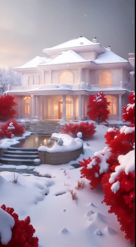 snowy scene of a large house with a fountain and red bushes, unreal engine ; romantic theme, beautiful render of a fairytale, winter scene fantasy, beautiful composition 3 - d 4 k, gorgeous 3d render, beautiful 3d render, realistic 3 d style, beatiful hous...