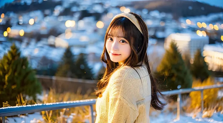 Cute high school girl, 18 years old, wearing a golden miniskirt、Snowy landscape in the background