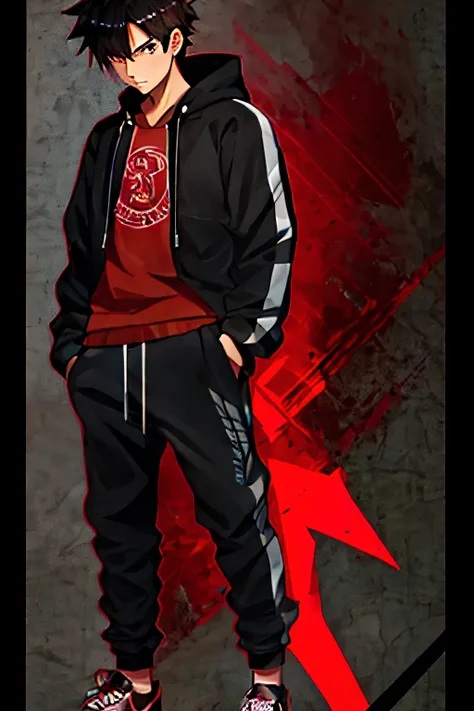 anime boy with red hood and black pants with black hat, personagem retrato de corpo inteiro, personagem estilo anime, conceito de corpo inteiro, retrato de personagem de corpo inteiro, !!retrato de corpo inteiro!!, official character illustration, design d...